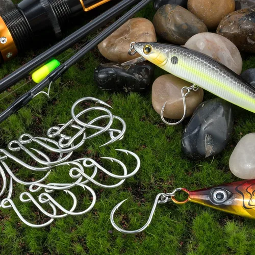 Miniatura 9 de Dr.Fish Paquete de 30 ganchos de repuesto individuales para señuelos duros, anzuelos de pesca en línea, acero de alto carbono, cebo giratorio