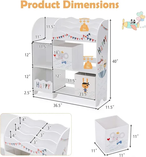 Miniatura 3 de HONEY JOY Organizador de almacenamiento de juguetes para niños, unidad de almacenamiento de madera con 2 cajas, estantería de exhibición para niños
