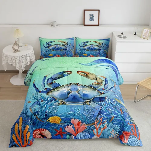 Miniatura 13 de Juego de edredón de ballena individual, juegos de ropa de cama retro con temática náutica para decoración de dormitorio, edredón de plumón de vida