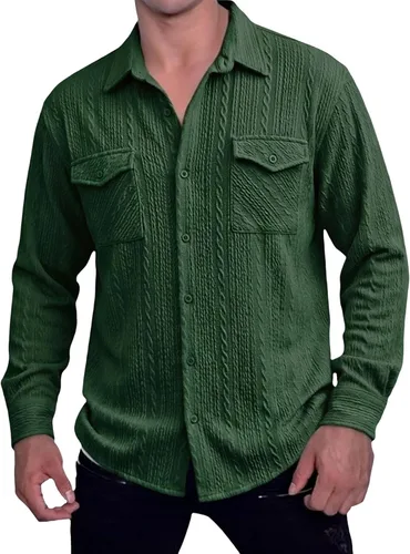 Miniatura 21 de Camisas con botones para hombre, casual, de manga larga, con cuello jacquard, texturizada, ligera, sobrecamisa, sobrecamisa