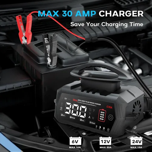 Miniatura 2 de Cargador de batería de 30 amperios, 6 V/12 V/24 V de plomo-ácido, litio, cargador de batería inteligente LiFePo4, cargador portátil de pantalla