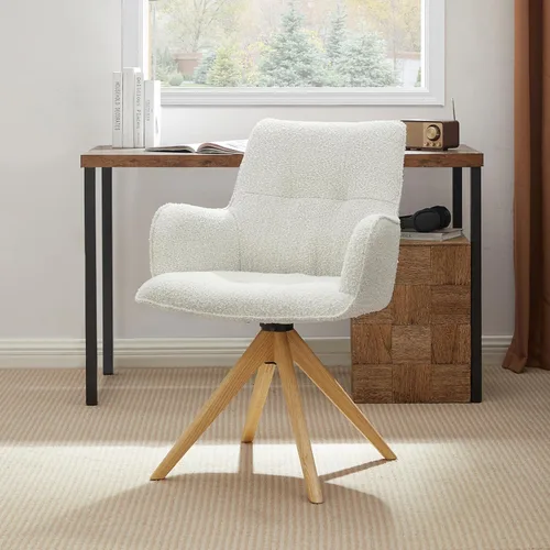Miniatura 16 de Zouron Silla de escritorio giratoria sin ruedas, silla de oficina tapizada con patas de madera de roble, sillón moderno para espacios pequeños