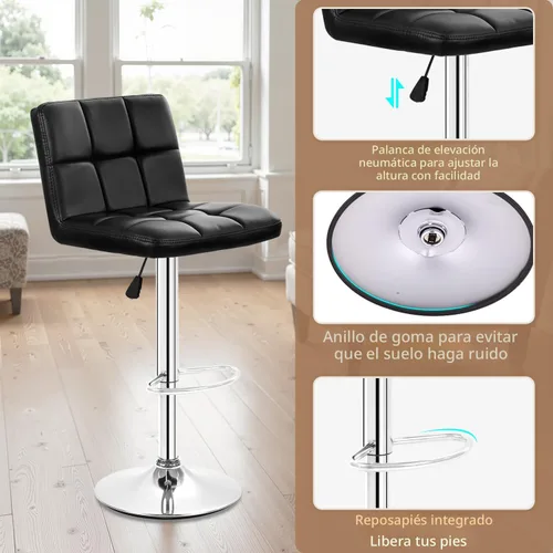 Miniatura 7 de BestOffice Juego de 2 taburetes de bar ajustables de piel sintética, taburetes de mostrador modernos con respaldo y reposapiés, taburetes de bar