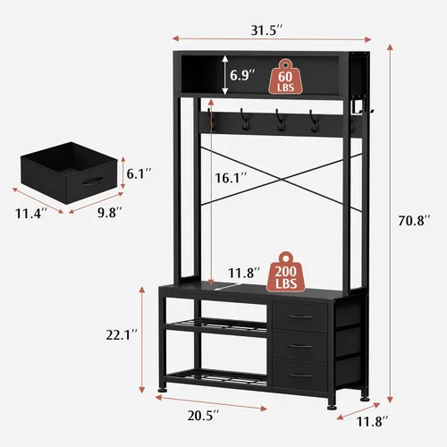 Miniatura 4 de Lulive Perchero de pie con banco y almacenamiento de zapatos, perchero independiente de 31.5" con estante de almacenamiento de 2 niveles, banco