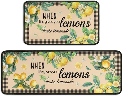 Miniatura 10 de Juego de 2 alfombras de cocina con decoración de limón, alfombrillas lavables y antideslizantes para el fregadero de la cocina, alfombra de área