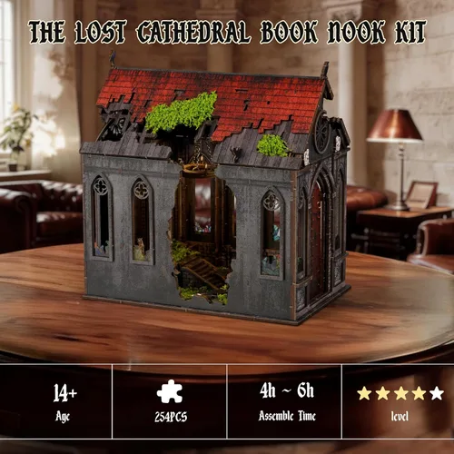 Miniatura 3 de Kit miniatura de la catedral perdida – Kit de casa en miniatura para adultos, adolescentes, casa de muñecas, estantería de libros con luz LED