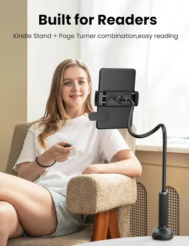 Miniatura 2 de VOLTIFYMAX Soporte de cuello de cisne para Kindle con volteador de páginas remoto para leer en la cama, soporte para tablet para escritorio, brazo