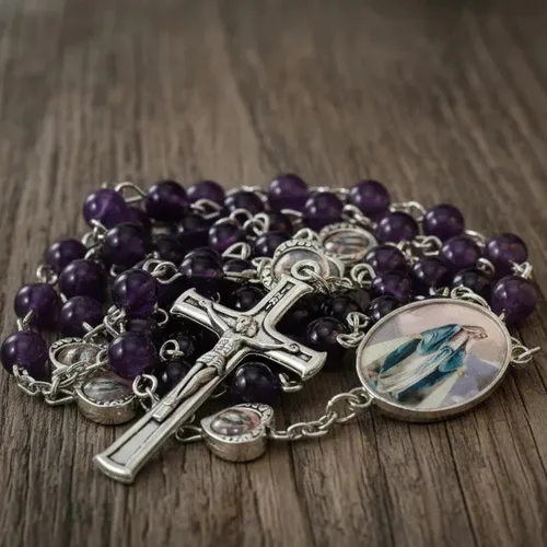 Miniatura 3 de Nazareth Store Cuentas de piedra natural con corazón de epoxi milagroso, cuentas de metal, collar de rosario, regalos cristianos de piedras preciosas