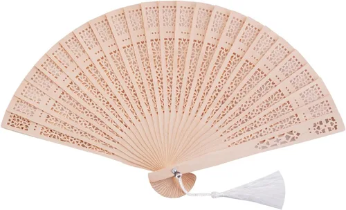 Miniatura 5 de Sepwedd Juego de 50 abanicos de madera de sándalo, abanicos de mano para baby shower, recuerdos de fiesta con bolsas de organza y borlas, ventilador
