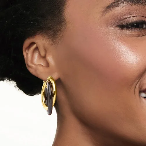 Miniatura 2 de Ross-Simons Andiamo - Pendientes de aro de oro amarillo y ónix negro de 14 quilates, Gema, multi Ónix Diamante