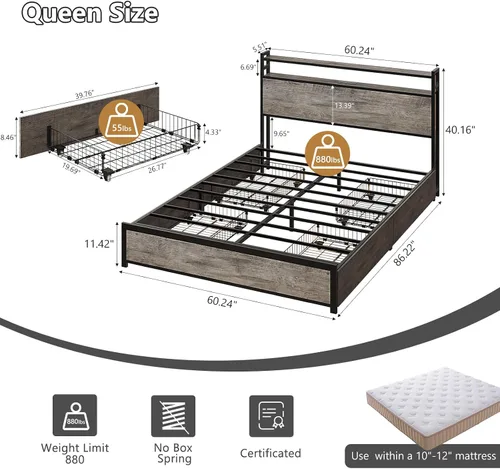 Miniatura 2 de VINGLI Base de cama LED Queen con 4 cajones de almacenamiento y estante de cabecera ajustable, plataforma de metal con estación de carga para niños