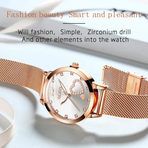 Miniatura 4 de OLEVS Relojes de oro rosa para mujer movimiento de cuarzo japonés con diamantes de corazón para niñas reloj de pulsera con correa de malla