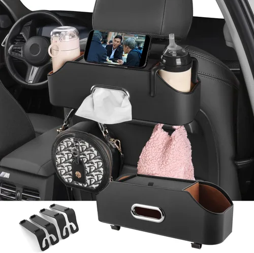 Miniatura 9 de HOLDCY Organizador de asiento trasero de automóvil con 2 portavasos para bebidas, caja de pañuelos y gancho para caja de almacenamiento, Beige