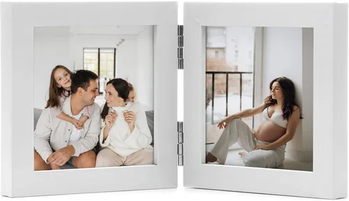 Marcos de fotos dobles de 4x4 con bisagras, marcos de fotos plegables en blanco para colgar en la pared o para colocar sobre mesa, hechos de madera