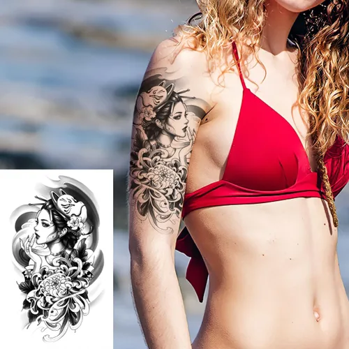 Miniatura 5 de 6 hojas de brazo falso impermeable cuerpo arte temporal tatuajes pegatinas negro japonés geisha samurai mujeres flor loto TBS-04