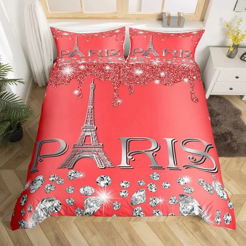 Miniatura 13 de Erosebridal Funda de edredón de la Torre Eiffel para niñas, juego de ropa de cama romántica de París azul, negro y blanco, funda de edredón