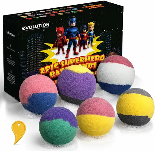 EvolutionUSA Bombas de baño épicas negras de superhéroes para niños, 6 bombas de baño de superhéroes con juguete en el interior, bombas de baño