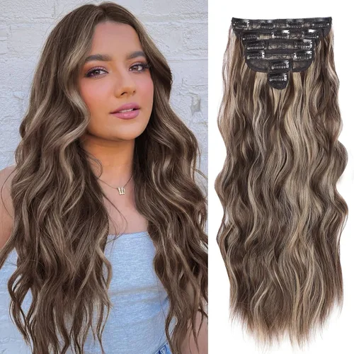 Miniatura 39 de NAYOO Extensiones de cabello con clip, de 20 pulgadas, largo, ondulado, rizado, rubio ceniza, extensiones de cabello sintético de cabeza completa