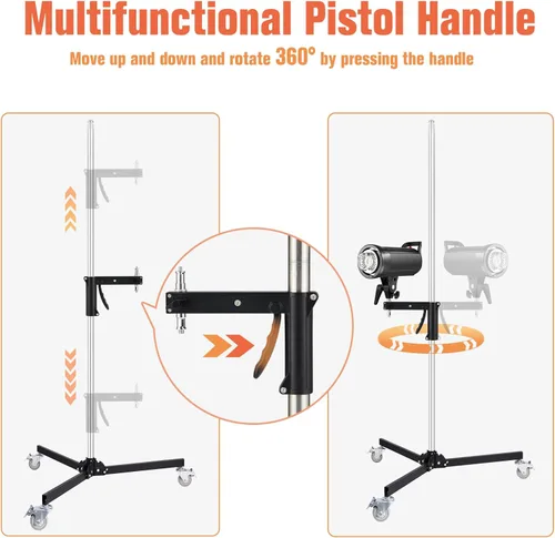 Miniatura 4 de Soporte de luz resistente con ruedas, soporte de agarre de pistola de fotografía con ruedas con 2 empuñaduras, soporte de luz de acero ajustable