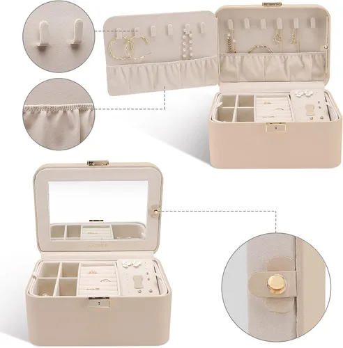 Miniatura 4 de Joyero mejorado, organizador de joyas de piel sintética de 2 capas para mujer con cerradura y espejo, gancho oculto para collar y divisor extraíble