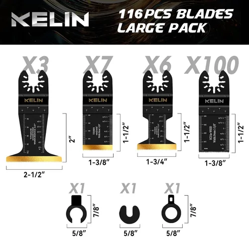 Miniatura 6 de KELIN Kit de 116 cuchillas oscilantes multiherramienta, 4 tipos de hojas de sierra de titanio para madera, metal, paneles de yeso, tuberías, se