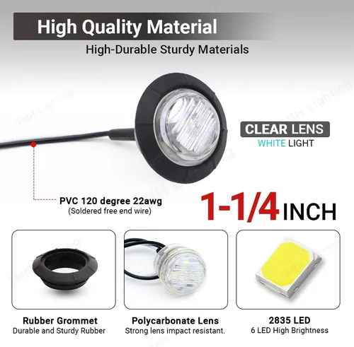 Miniatura 4 de TMH Luces marcadoras laterales redondas de 1-1/4 pulgadas, 6 luces LED de bala blanca, luces marcadoras LED de remolque, montaje en superficie