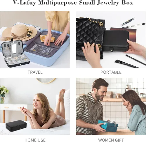 Miniatura 55 de Joyero pequeño, joyero de viaje portátil para mujer, mini organizador de viaje de 2 capas, regalo para mujeres y niñas, negro A