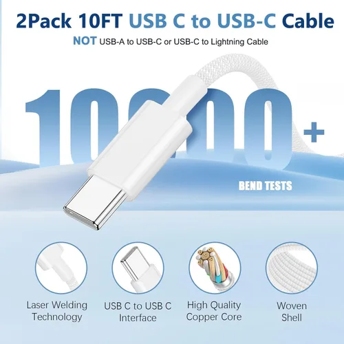 Miniatura 3 de Cargador de carga rápida para iPhone 17, 16, 15, paquete de 2 cables de carga rápida USB C a C de 10 pies, cable de carga rápida de 20 W, bloque