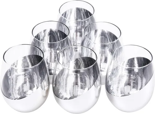 Miniatura 8 de MyGift Juego de 6 copas de vino modernas sin tallo, copas de vino blanco o tinto con fondo metálico plateado en ángulo plata (juego de 6)