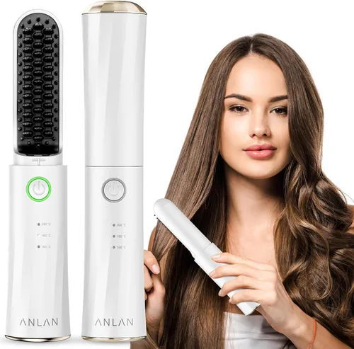 ANLAN Cepillo alisador de pelo inalámbrico portátil para viajes, mini peine alisador iónico caliente para mujeres, recargable y apto para viajes,