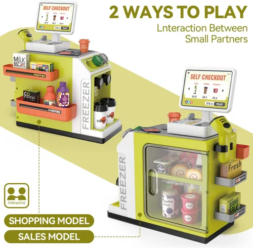 Miniatura 2 de Juego de caja registradora para niños – 48 piezas de dinero de simulación, calculadora, escáner, tarjeta de crédito y comida de juego para niños