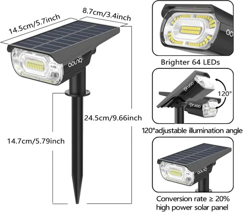 Miniatura 5 de Focos solares para exteriores de 1000 lúmenes, 64 LED IP67, iluminación de paisaje impermeable con 4 modos, foco solar 2 en 1 y luz de camino