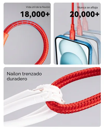 Miniatura 4 de Paquete de 2 cables de carga múltiple, 3 en 1, retráctil, cable de carga rápida, cargador USB C con Lightning/Micro/Tipo C para iPhone, iPad, Rojo