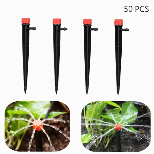 Miniatura 2 de 50 emisores de goteo para tubos de riego por goteo de 1/4 pulgadas, goteros de flujo de agua ajustables de 360 grados en estaca de flecha de 5