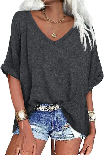 Miniatura 32 de UNCLECAT Camisetas de gran tamaño con cuello en V para mujer, camisas de manga corta de verano, holgadas, casuales