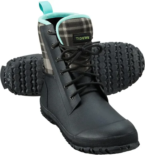 TIDEWE Botas de goma para mujer, botas de lluvia con cordones con vástago de acero, botas de caza impermeables de media pantorrilla con forro polar,