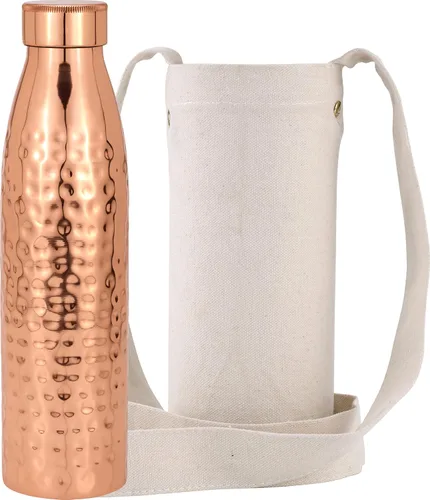 Kitchen Science Botella de agua de cobre puro de 34 oz (33.8 fl oz) con bolsa de lona de transporte – Botella de cobre ayurvédica para agua potable,