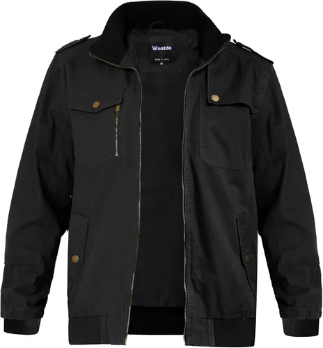 Miniatura 7 de Wantdo Chaqueta militar para hombre, chaqueta bomber casual, cuello alto, chaqueta de lona cortavientos