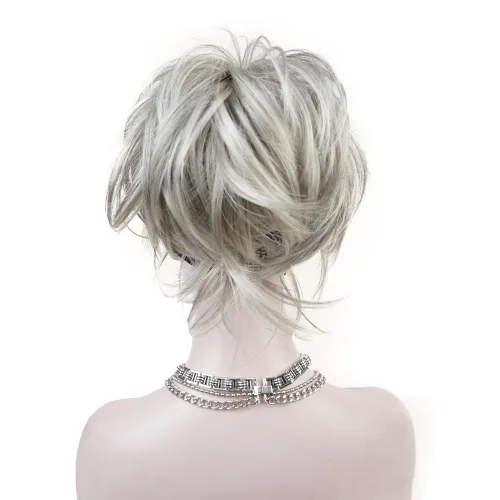 Miniatura 2 de Aimole Peluca sintética con clip de cola de caballo recta extensiones cortas de pelo gris plateado (51)