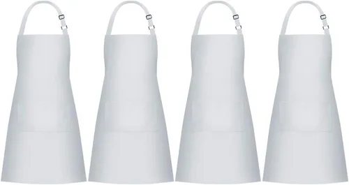 Jubatus Paquete de 4 delantales con peto con 2 bolsillos, delantal de cocina de chef para mujeres y hombres, color blanco