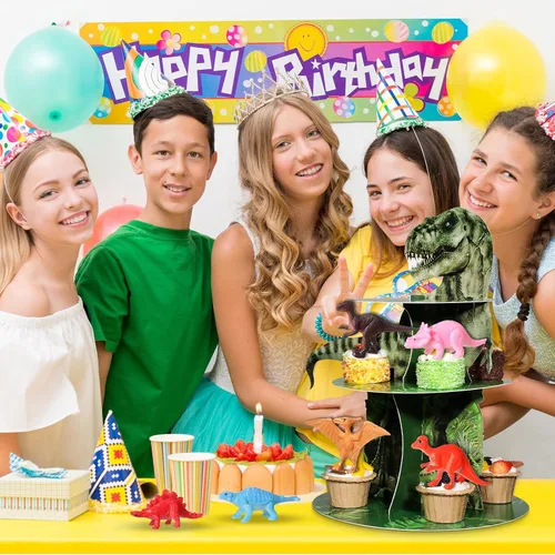 Miniatura 5 de Censen Soporte para cupcakes de dinosaurio de 3 niveles, decoración de fiesta, 24 piezas, figuras de dinosaurio, juguetes para cupcakes, torre