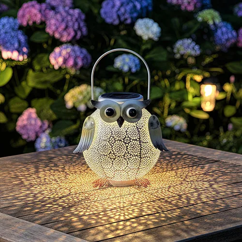 Miniatura 12 de Luces solares de búho impermeables para exteriores, faroles solares colgantes para jardín, patio, camino, luces solares de búho de metal vintage