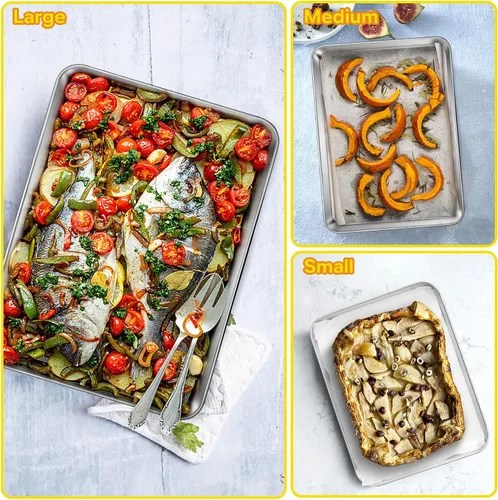Miniatura 6 de E-far Juego de 3 bandejas para hornear galletas, 16/12.4/10.4 pulgadas, juego de bandejas de acero inoxidable para horno, bandeja rectangular
