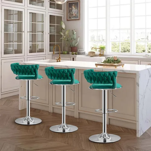 Miniatura 4 de Juego de 3 taburetes de bar verde esmeralda, modernos taburetes de bar giratorios de 360° con base plateada, sillas de bar de terciopelo, taburete