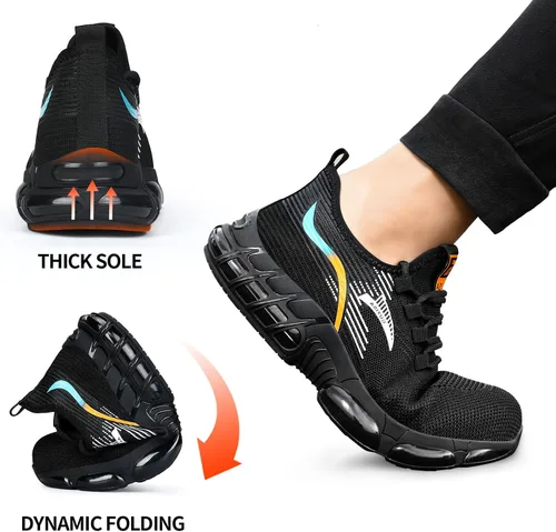 Miniatura 7 de BAIYIJIA Zapatos de punta de acero para hombre, zapatos de trabajo antideslizantes para construcción con amortiguación de aire, zapatos