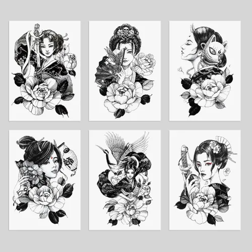 Miniatura 2 de 6 hojas de tatuajes temporales de geisha japonesa para adultos, calcomanías de tatuaje falsas de grúa de flores de geisha, arte corporal impermeable