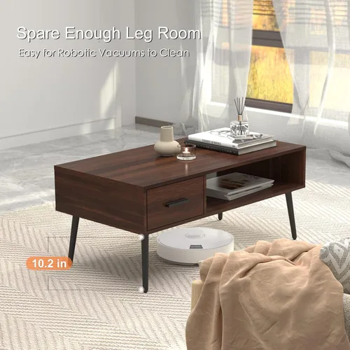 Miniatura 6 de HAIOOU - Mesa de centro de mediados de siglo moderna, mesa de café para sala de estar con almacenamiento, mesa de té de nogal con cajón, estante