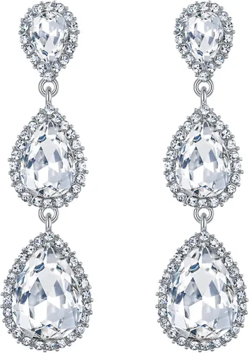 Miniatura 120 de EleQueen Pendientes de cristal austriaco en tono dorado para mujer, forma de pera de 2.5 pulgadas, color esmeralda