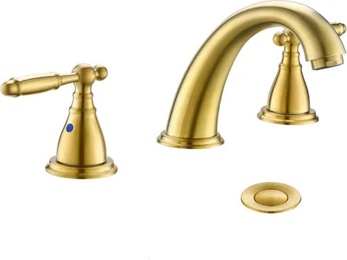 Phiestina Grifo de Baño Extendido de Oro Cepillado de 8 Pulgadas, 3 Orificios, 2 Manijas con Conjunto de Desagüe Emergente de Metal, Grifo de