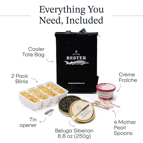 Miniatura 2 de Royal Beluga Hybrid Sturgeon Black Caviar Gift Set 8.8oz/250g de Italia, clasificado como el mejor caviar negro del mundo, colección de lujo